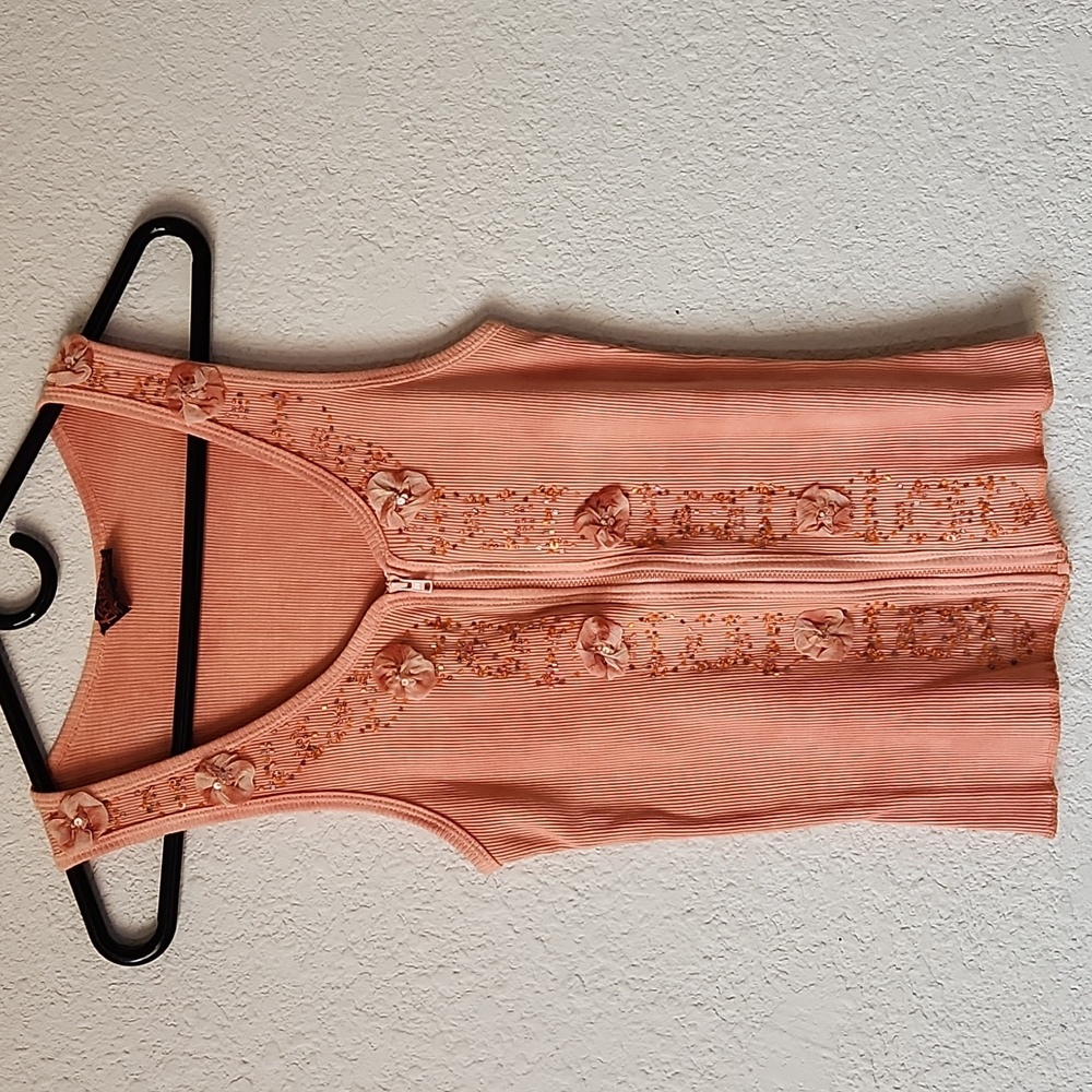 Vintage KABUKI Designer Y2K Womens Coral Tank Top Zippered Sz XL Beaded EUC